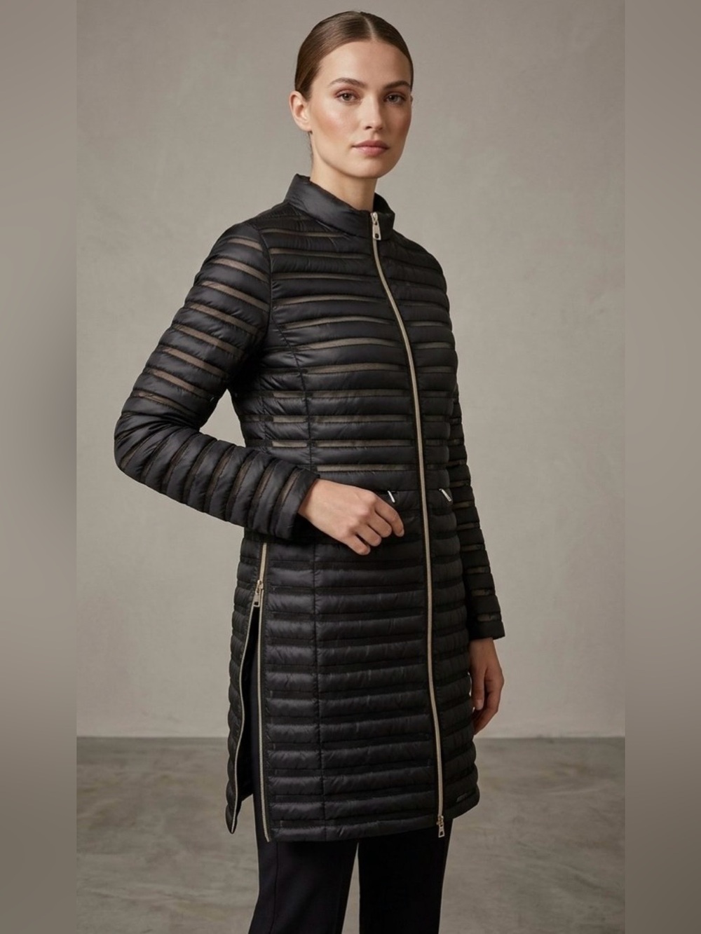 Diego M Milano Luxury Organza Quilted Mid-Length Down Coat Jacket/Authentic Cert